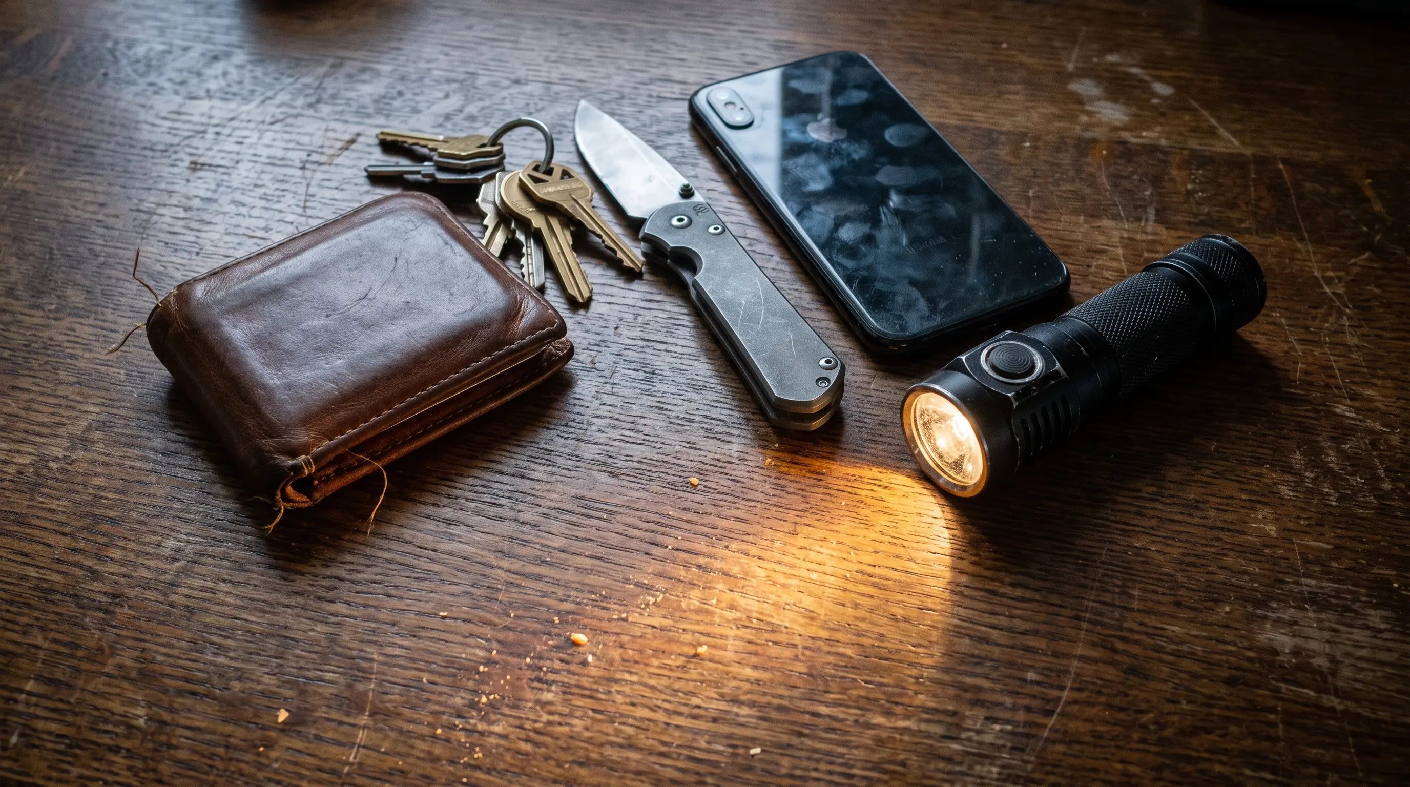Everyday carry flat lay at night with wallet, keys, folding knife, phone and a small pocket flashlight