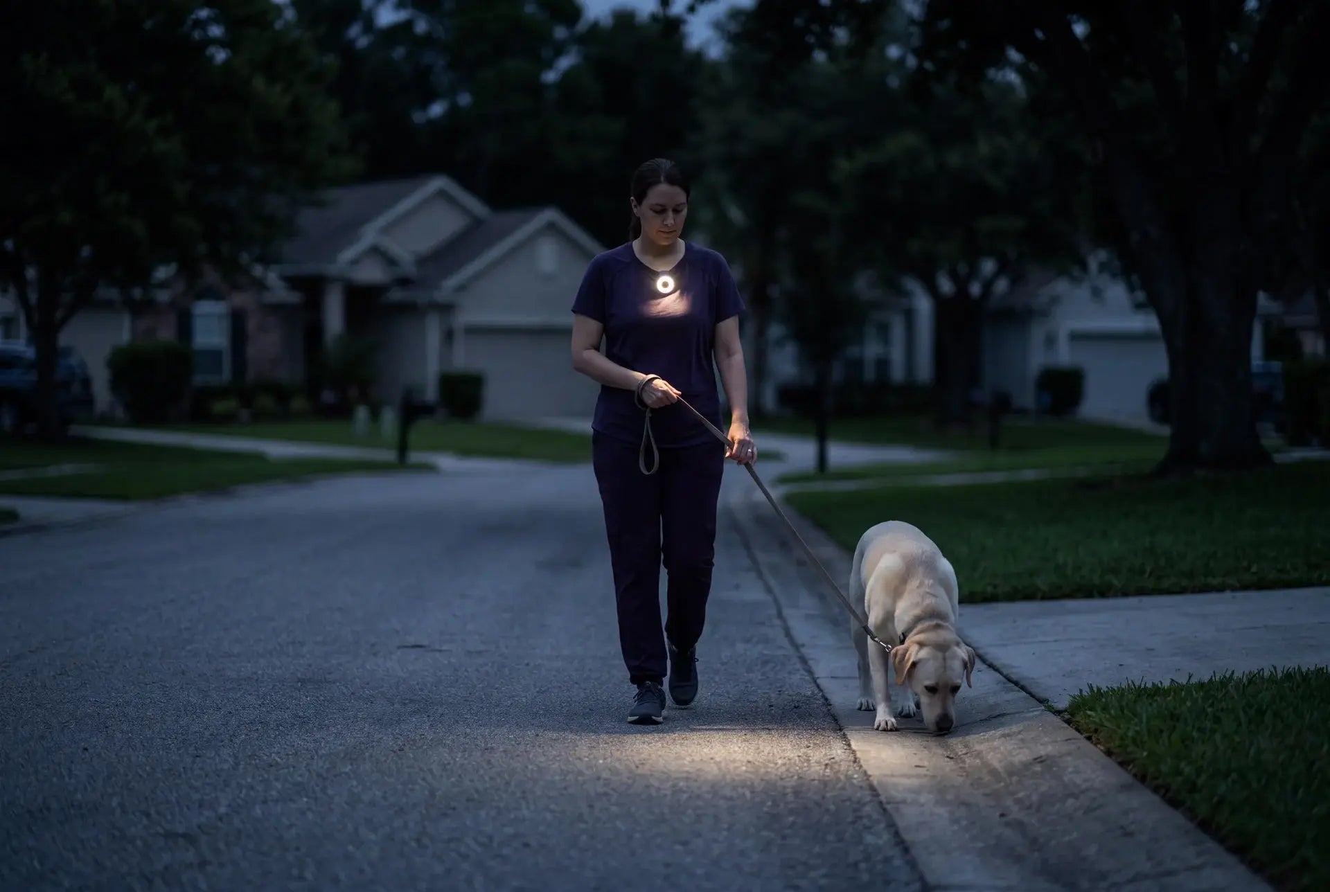 Woman walking her dog at night with a SparkO clip light on her chest lighting the path
