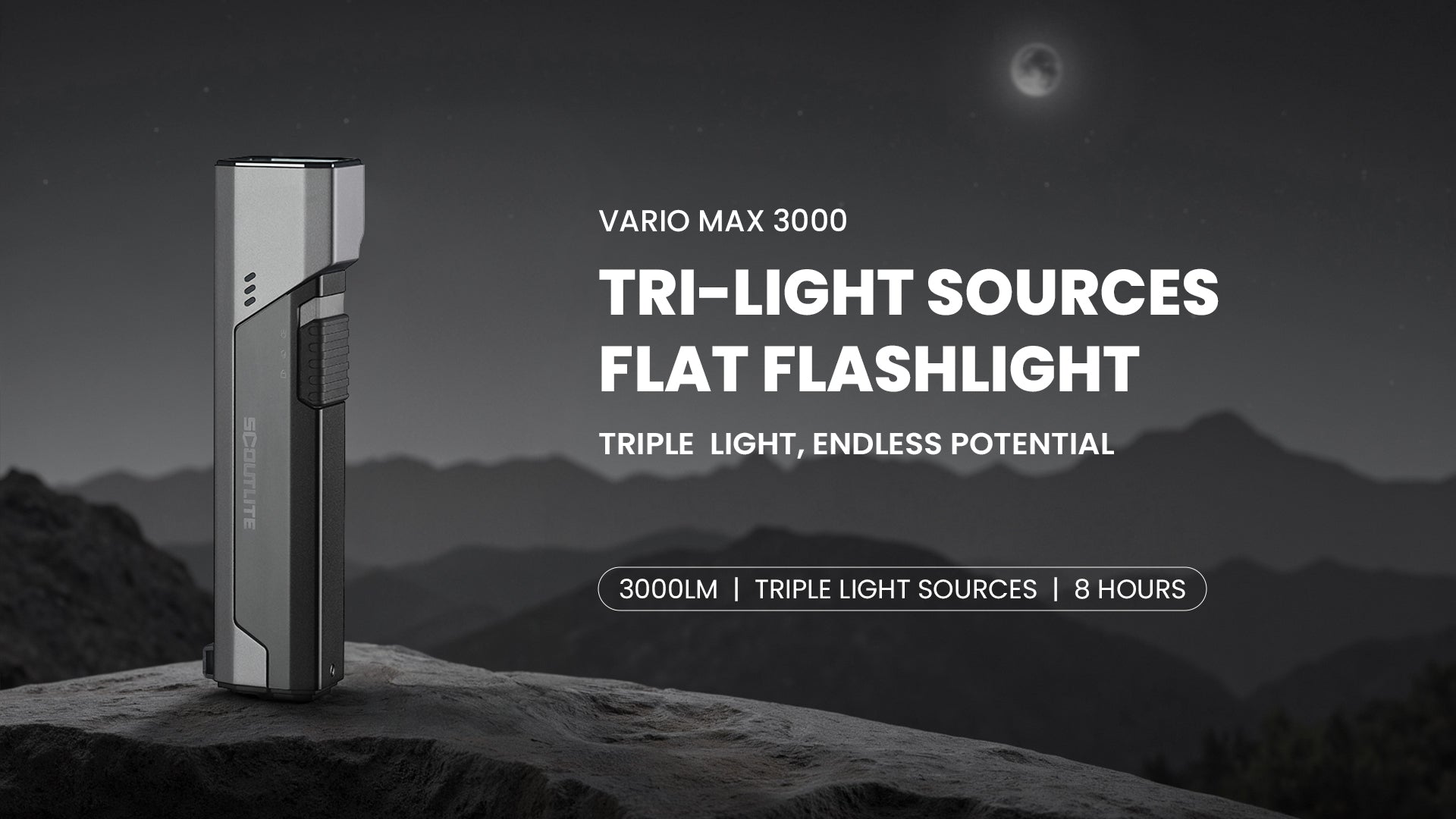Vario Max 3000 tri-light sources flat flashlight on a mountain ridge at night