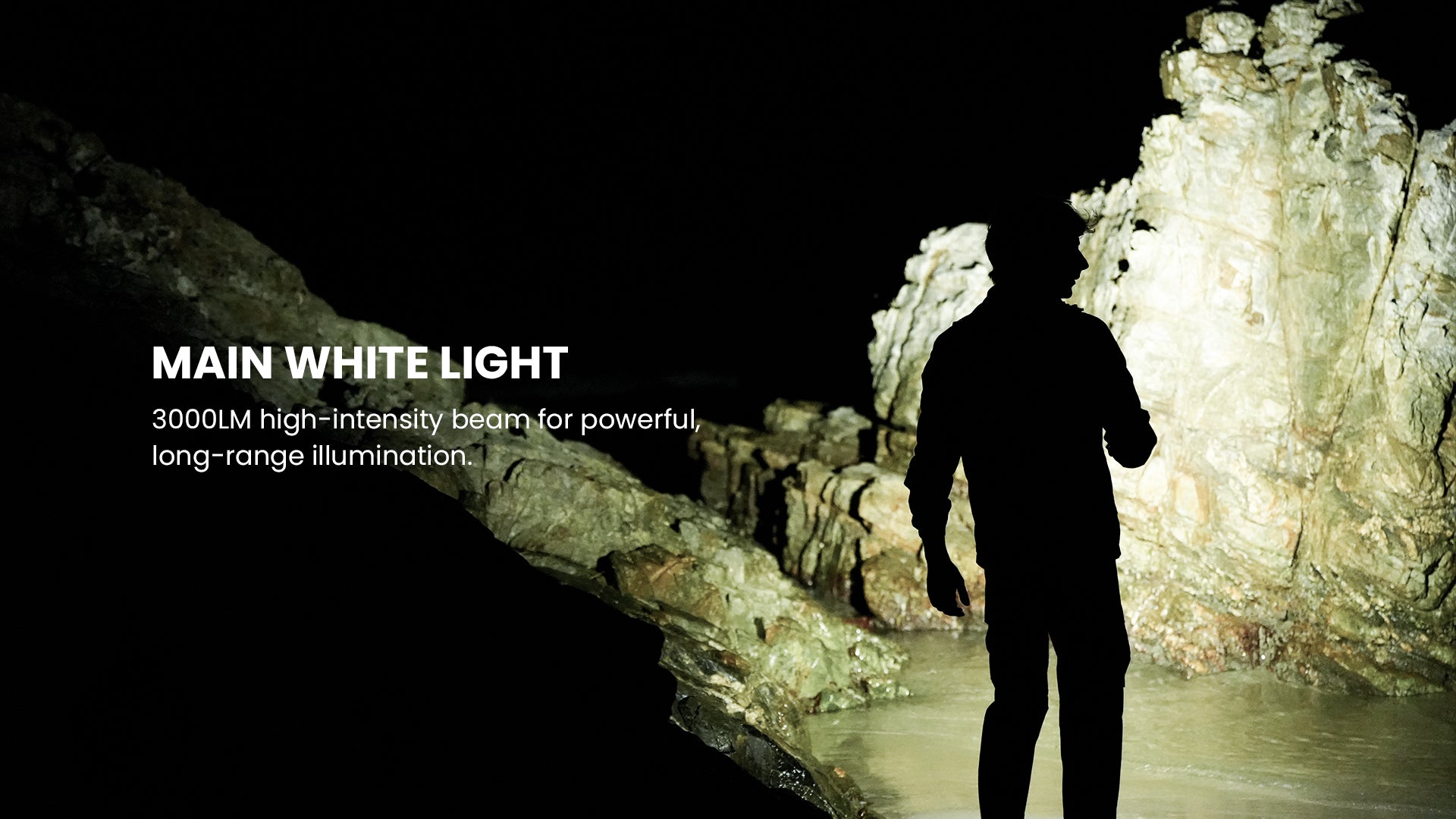 Main white light: 3000 lumen high-intensity beam lighting a cave wall