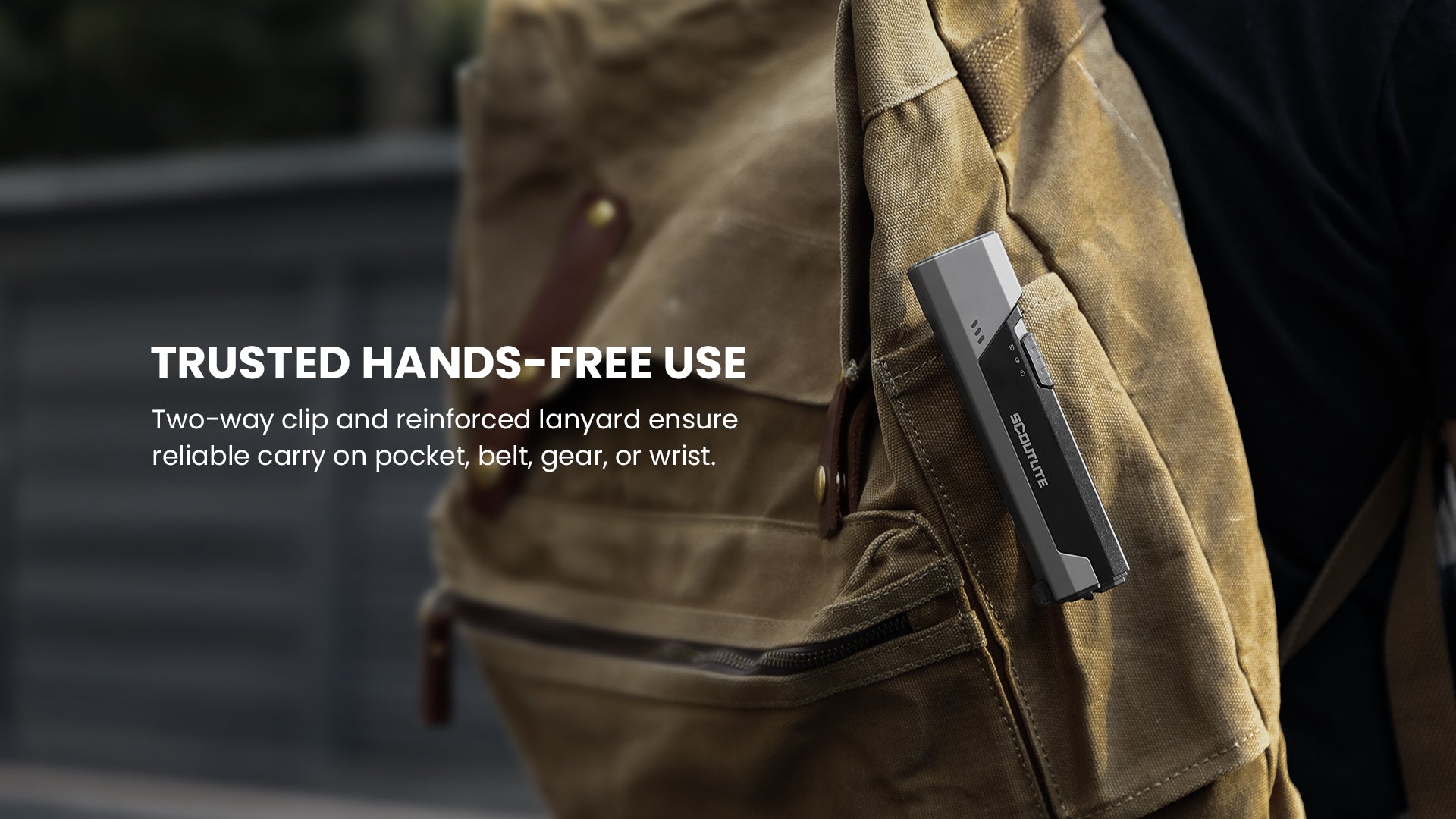 Trusted hands-free use: two-way clip and reinforced lanyard on a backpack