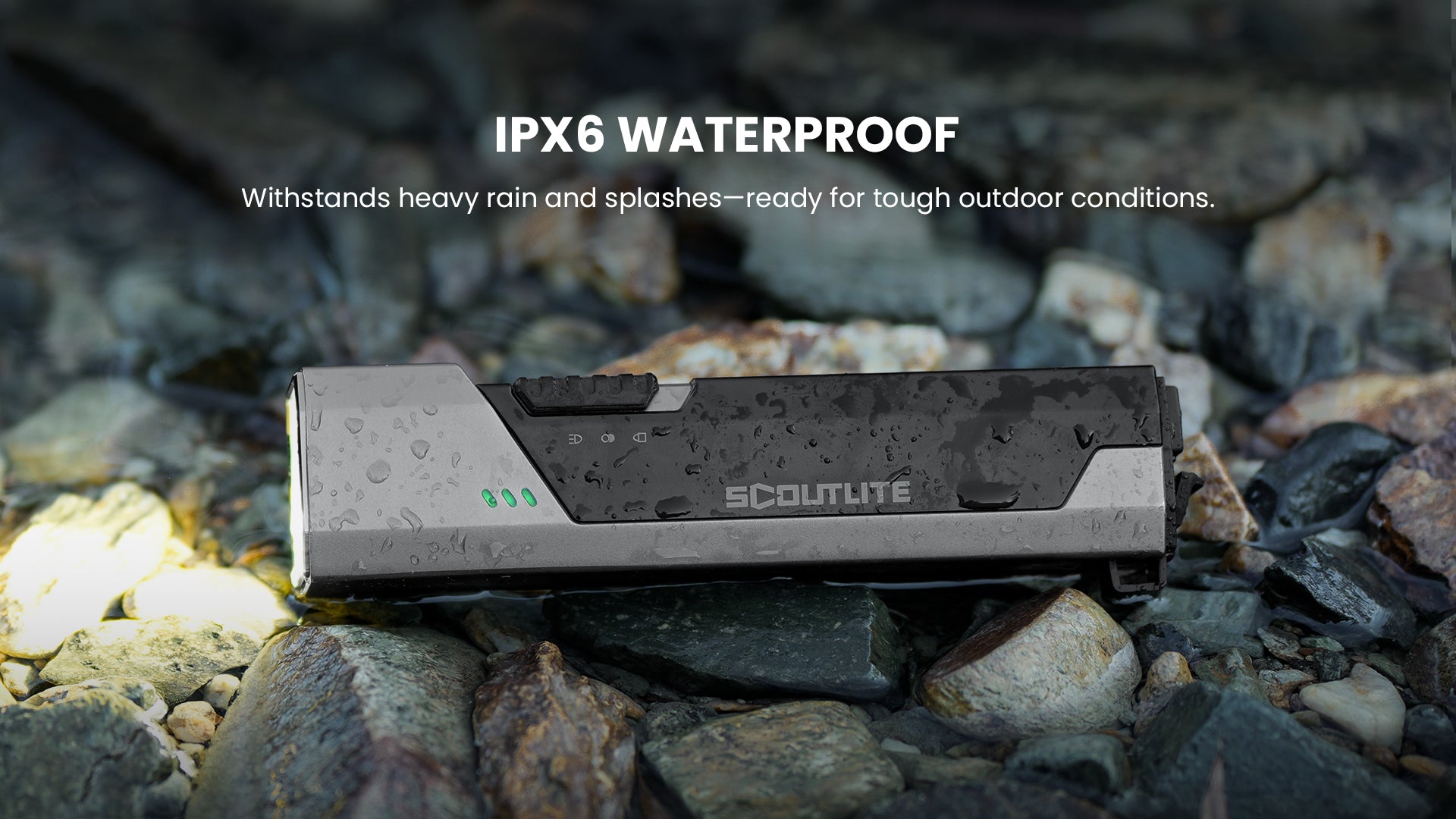 IPX6 waterproof flashlight withstanding heavy rain on wet river rocks
