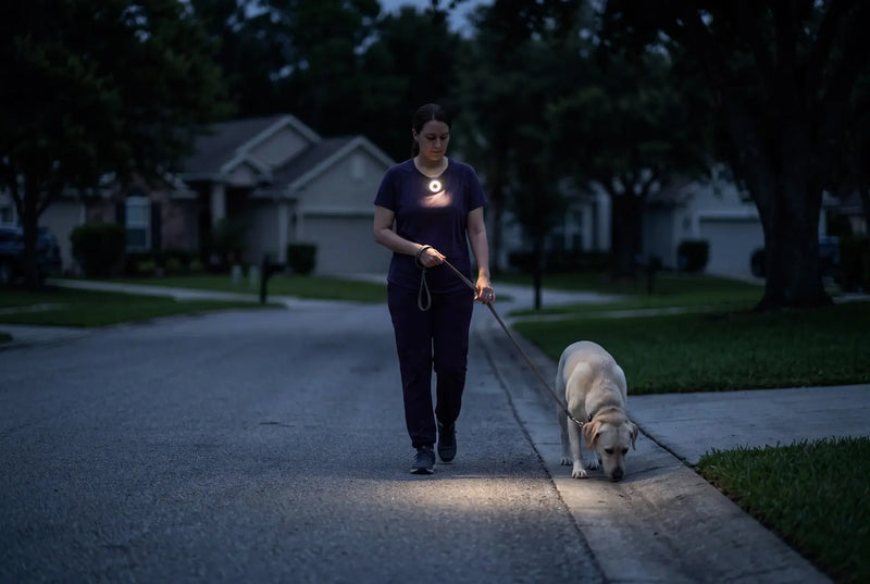 Woman walking her dog at night with a SparkO clip light on her chest lighting the path