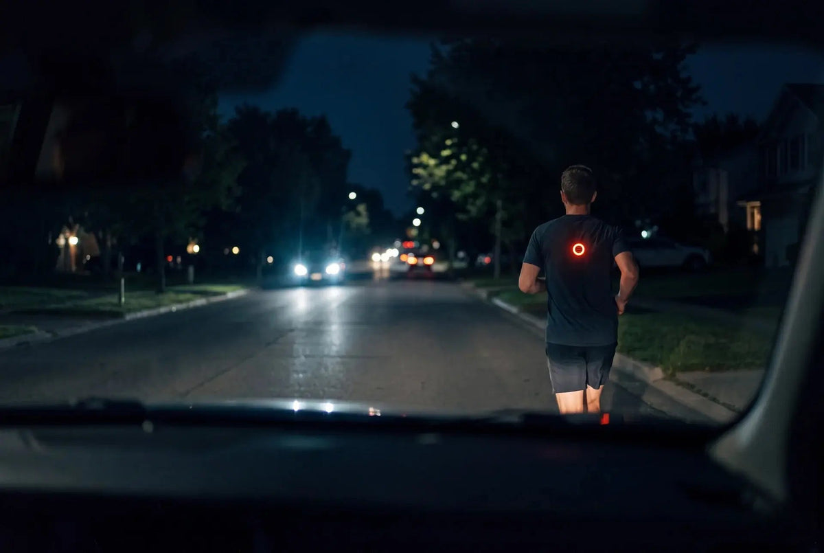 A night runner made visible to an approaching driver by a red wearable safety light