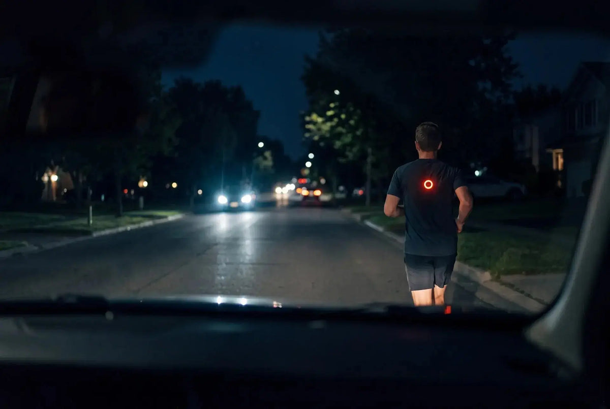 A night runner made visible to an approaching driver by a red wearable safety light