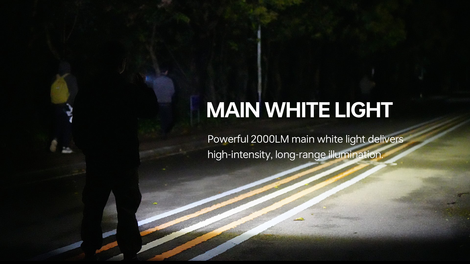 Main white light: 2000 lumen beam lighting a road at night