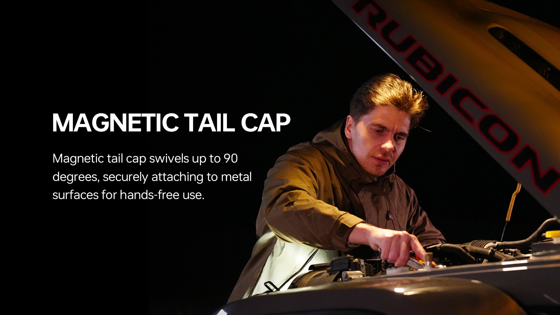 Magnetic tail cap swivels 90 degrees for hands-free car repair